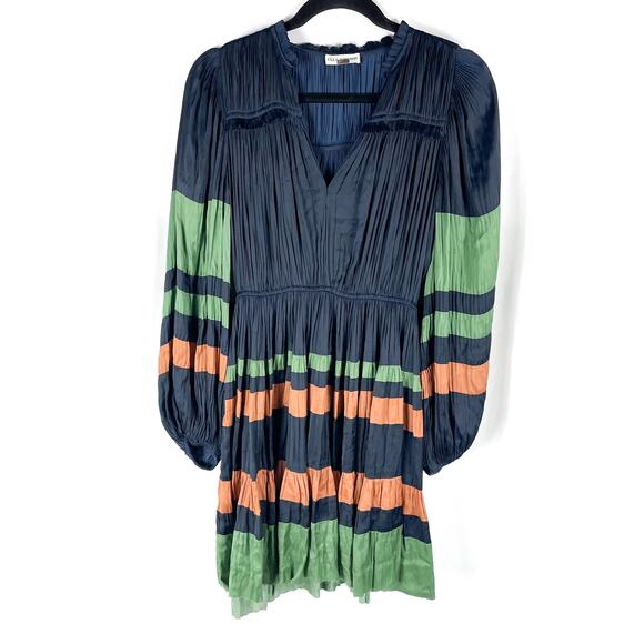 Ulla Johnson Alia Navy Blue Mini Dress Green Orange Stripe Long Sleeve Sz‎ 0 - Picture 5 of 13
